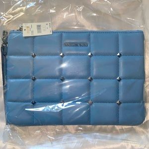 NWT Michael Kors Large jet set Studded Quilted Pouch.  Chambray color